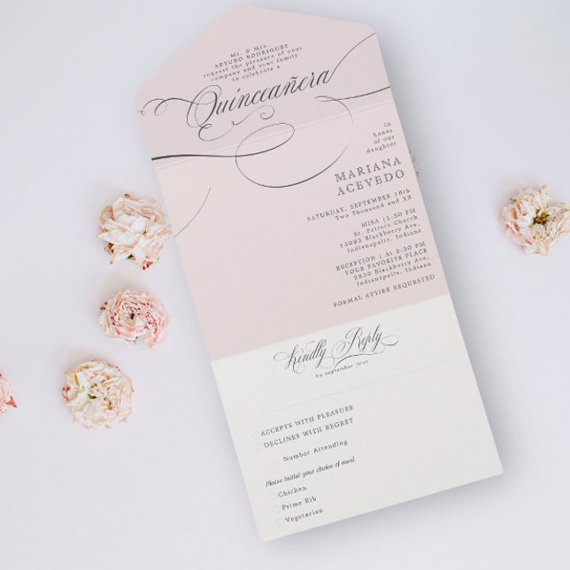 Classic Script Traditiona Wording Pink Quinceañera All In One Invitation (Creator Uploaded)