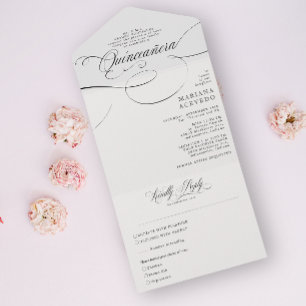 Classic Script Traditional Wording B&W Quinceañera All In One Invitation
