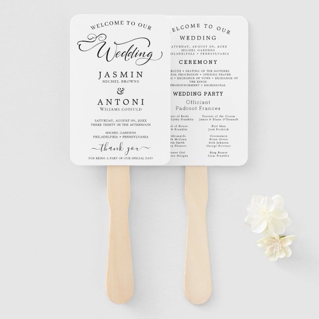 Classic Script Wedding Program and Timeline Hand Fan (Front and Back)