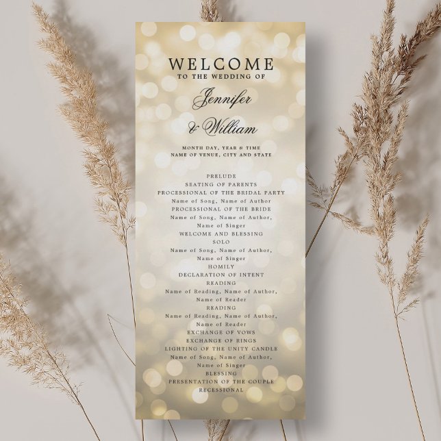 Classic Script Wedding Program Gold Bokeh Lights Invitation (Classic Script Wedding Program Gold Bokeh Lights)