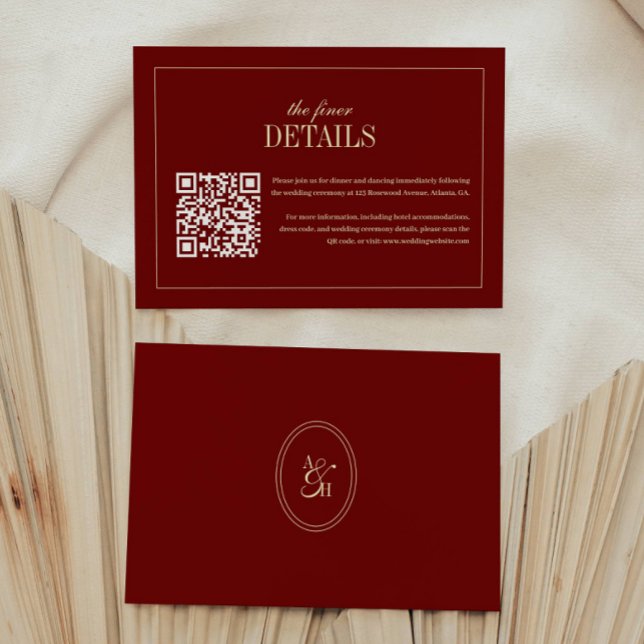Classic Script Wine Red QR Code Wedding Details Enclosure Card (Creator Uploaded)