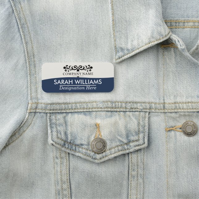 Classic Scroll Black Ivory Navy Name Tag (In Situ)