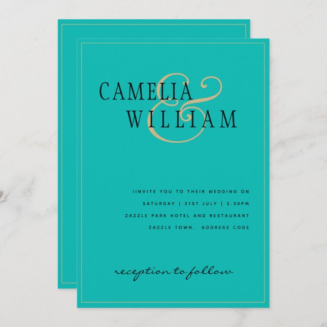 Classic Sea Glass Teal Green Gold Wedding Invitation (Front/Back)