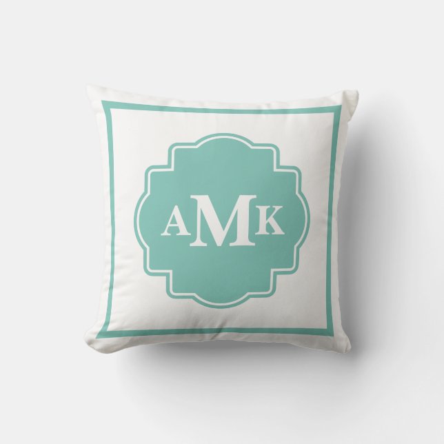 Classic Seafoam Green and White Monogram Pillow (Front)