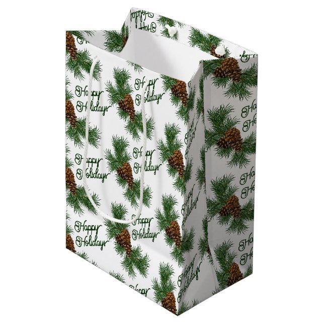 Classic Seasonal Pinecones Happy Holidays Wish Medium Gift Bag (Front Angled)