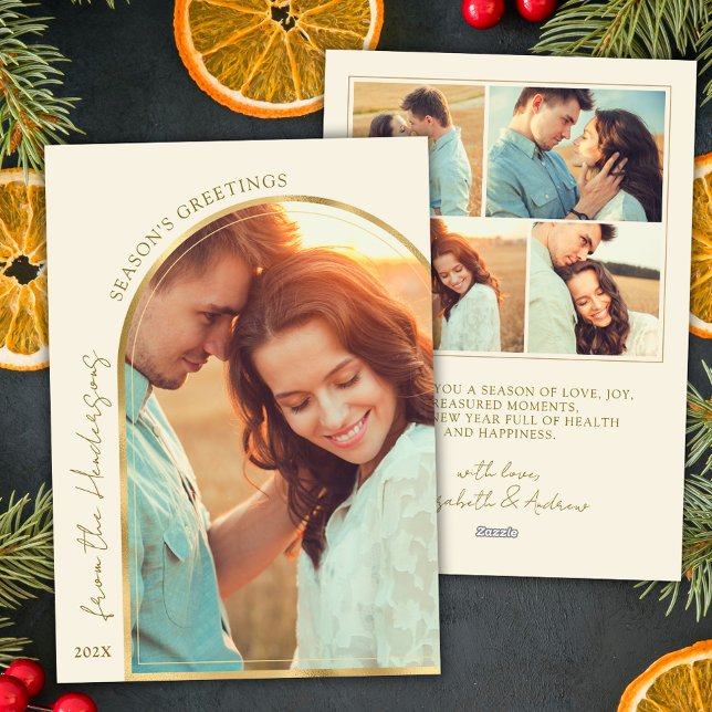 Classic Season's Greetings Gold Arch Couple Photo Holiday Card (Creator Uploaded)
