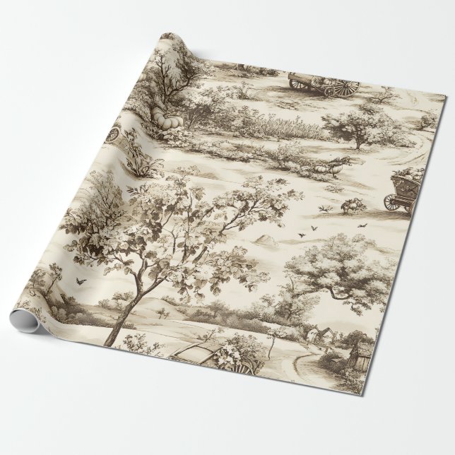 Classic Sepia Autumn Pumpkin Countryside Pattern Wrapping Paper (Unrolled)