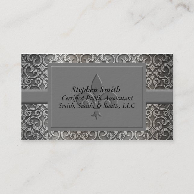 Classic Silver and Grey Damask Business Card (Front)