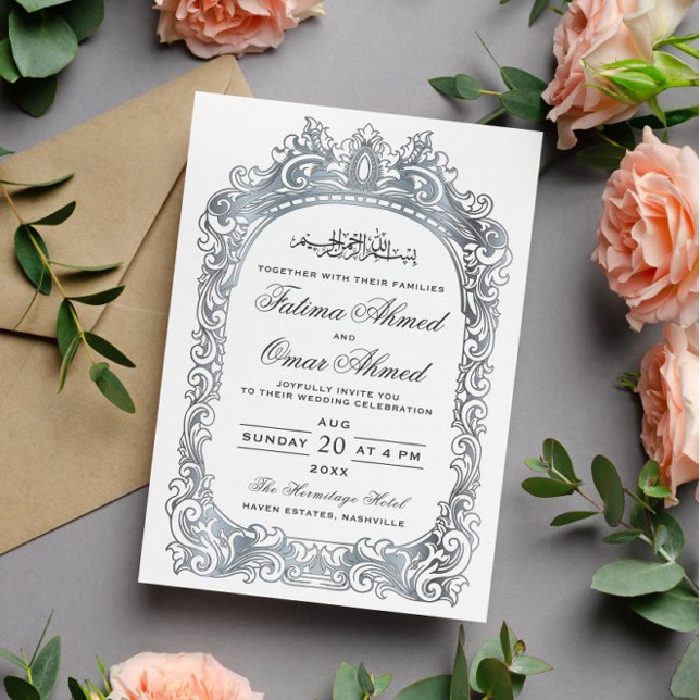 Classic Silver Border White Islamic Muslim Wedding Invitation (Creator Uploaded)