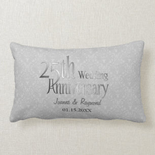 Classic Silver Damask 25th Wedding Anniversary Lumbar Cushion