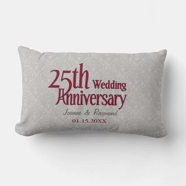 Classic Silver Damask 25th Wedding Anniversary Lumbar Cushion (Front)