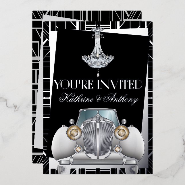 Classic SILVER Gatsby Deco Wedding Foil Invitation (Front/Back)