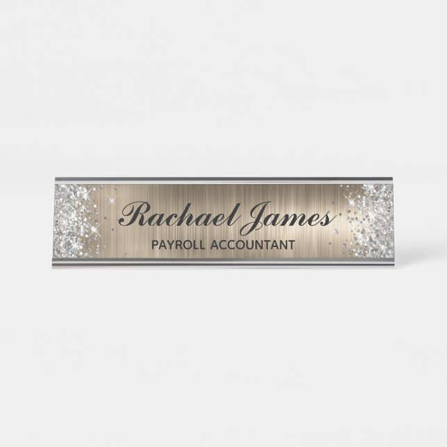 Classic Silver Glitter Faux Gold Foil Desk Name Plate (Front)
