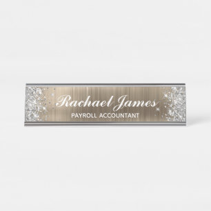 Classic Silver Glitter Faux Gold Foil Desk Name Plate