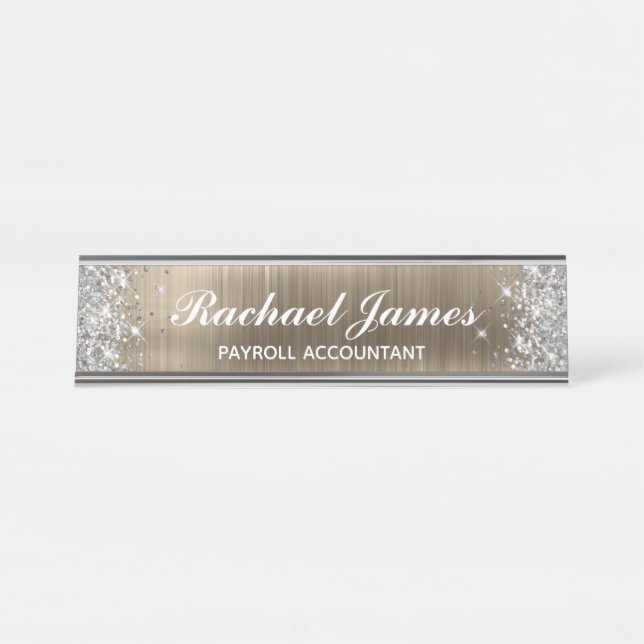 Classic Silver Glitter Faux Gold Foil Desk Name Plate (Front)
