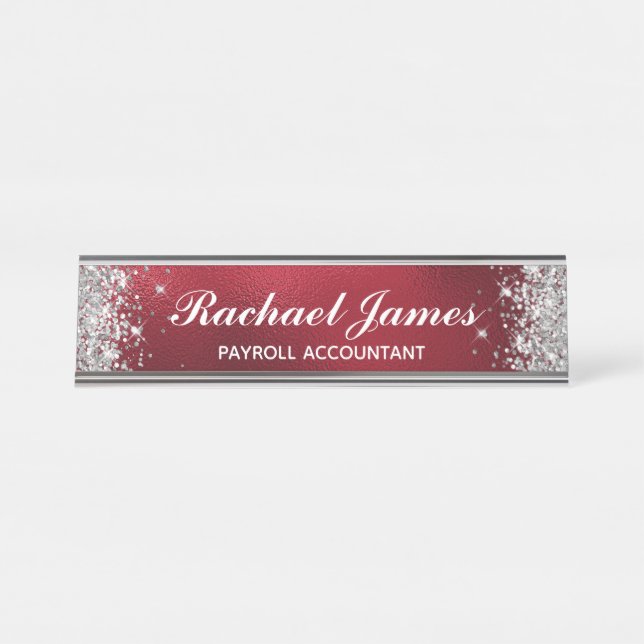 Classic Silver Glitter Faux Red Foil Desk Name Plate (Front)
