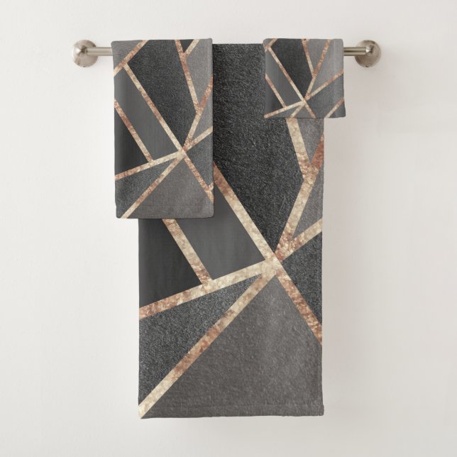 Classic Silver Gray Charcoal Rose Gold Geo #1 Bath Towel Set (Insitu)