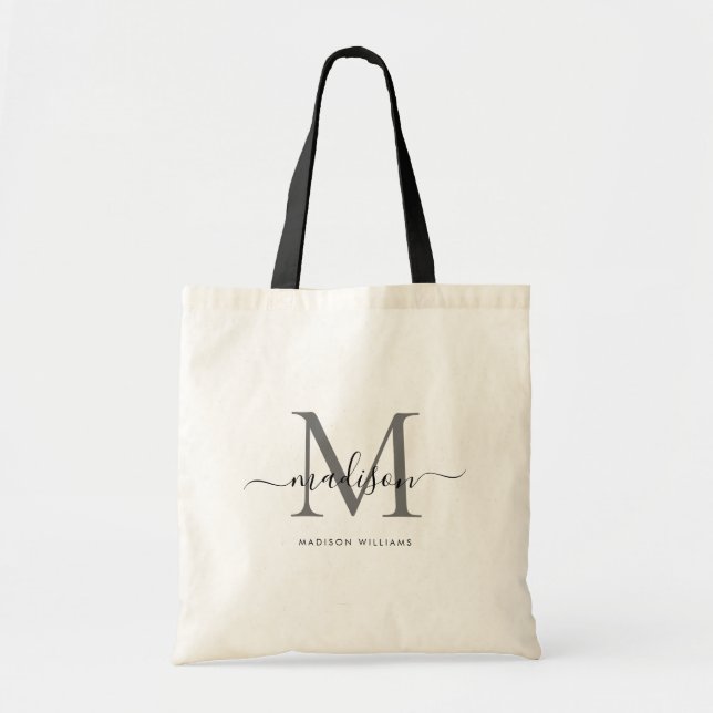 Classic Silver Grey Black Monogram Script Name Tote Bag (Front)