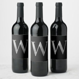 Classic Silver Grey Foil Monogram W on Black Wine Label