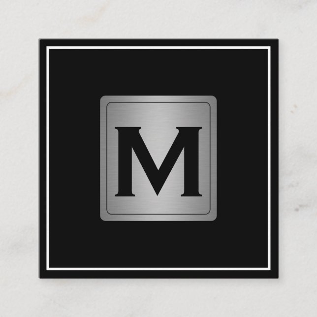 Classic Silver Metallic Label with Monogram Square Business Card (Front)