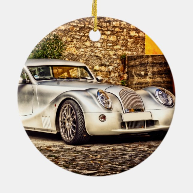 Classic Silver Sports Car Ceramic Tree Decoration (Back)