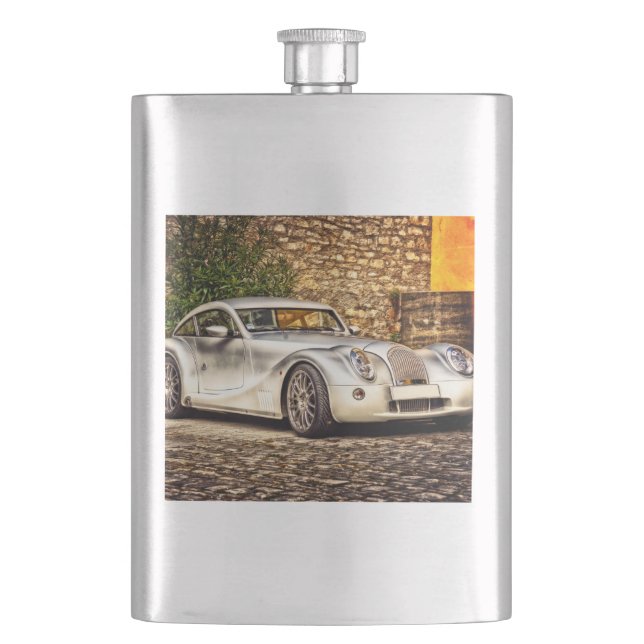 Classic Silver Sports Car Hip Flask (Front)