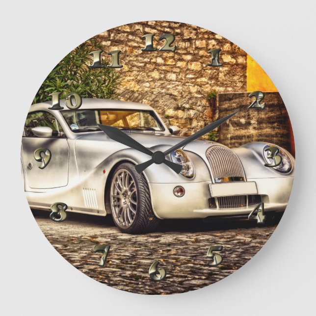 Classic Silver Sports Car Large Clock (Front)