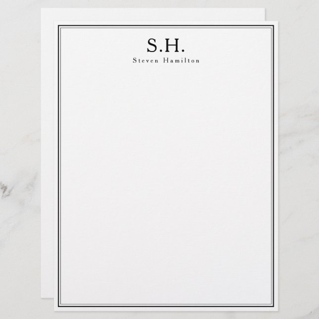 Classic Simple Black Monogram Name Minimalist Chic Custom Letterhead (Front/Back)