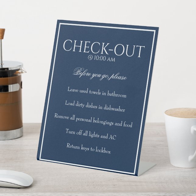 Classic Simple Blue Guest Check Out Table Sign (In SItu)