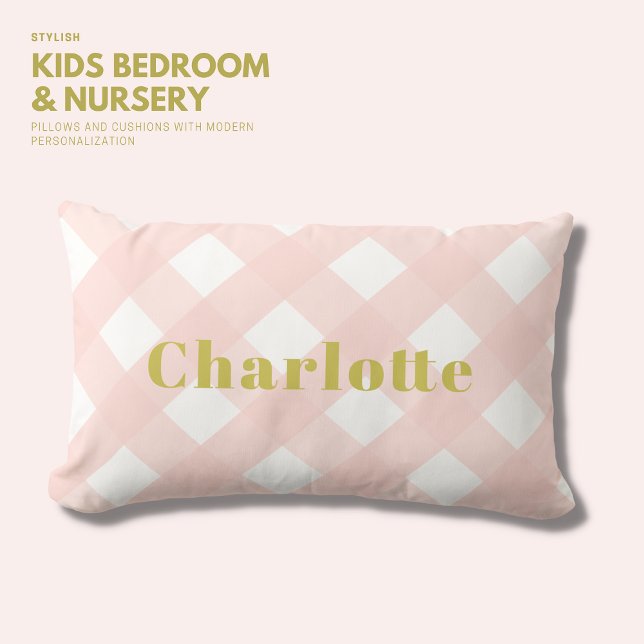 Classic Simple Blush Pink Gingham Gold Monogram Lumbar Cushion (Creator Uploaded)