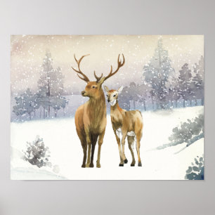 Classic simple Christmas watercolor reindeers Poster