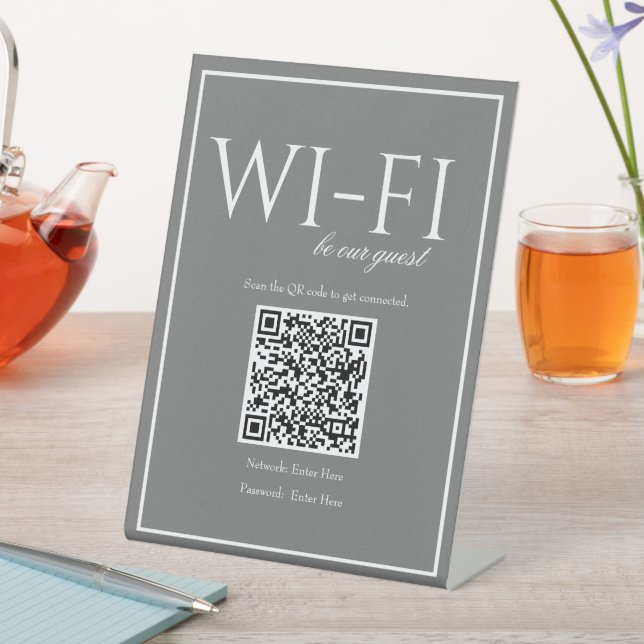 Classic Simple Dark Grey Wi-Fi QR Code Table Sign (In SItu)