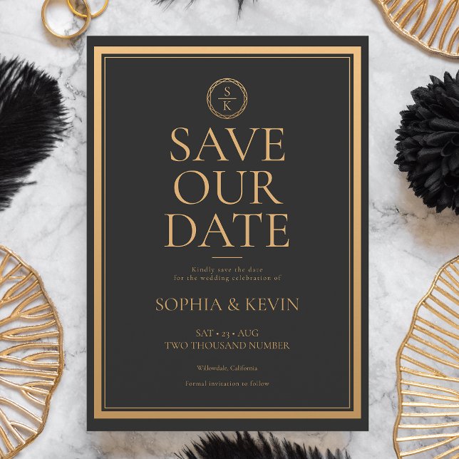 Classic Simple Elegance Gold Black Wedding Save The Date (A sophisticated and chic save the date card that features your names in gold on a black background.)