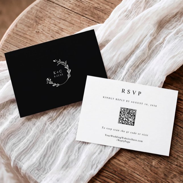 Classic Simple Elegant Modern Wedding QR Code RSVP Card (Elegant black and white rsvp card with QR code.)
