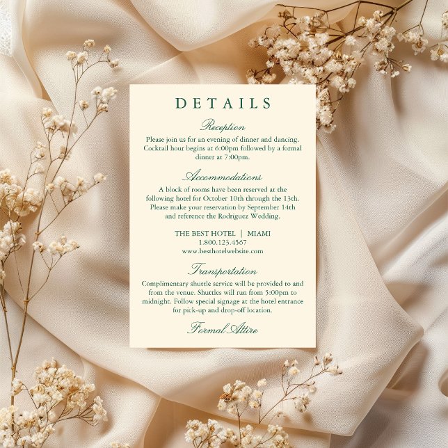 Classic Simple Emerald Green Wedding Details Card (Creator Uploaded)