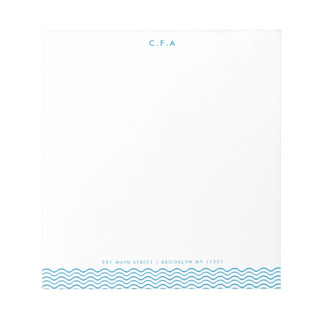 Classic Simple Formal Blue 3 Monogram Wave Border Notepad (Front)