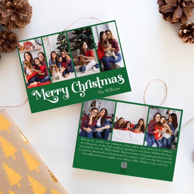 Classic Simple Green Merry Christmas Seven Photo Holiday Card (Creator Uploaded)