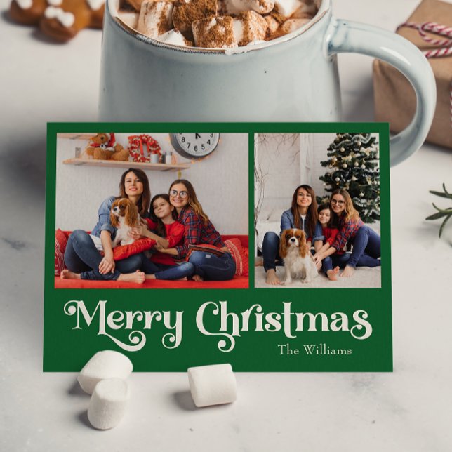 Classic Simple Green Merry Christmas Two Photo Holiday Postcard (Creator Uploaded)