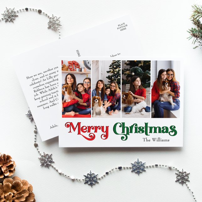 Classic Simple Merry Christmas Four Photo Holiday Postcard (Creator Uploaded)