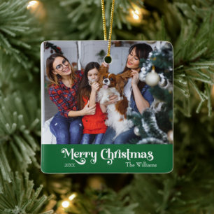 Classic Simple Merry Christmas Green Ceramic Ornament