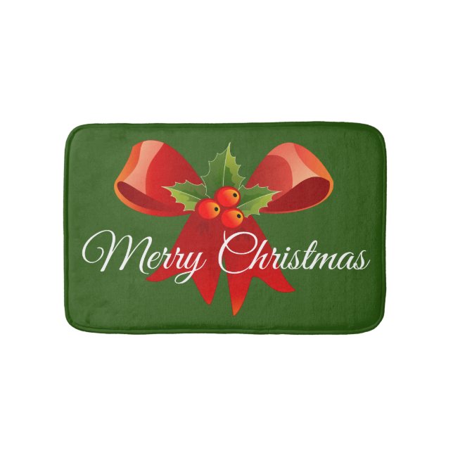 Classic Simple Merry Christmas Holly Bow Red Green Bath Mat (Front)