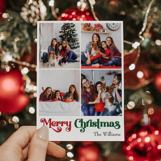 Classic Simple Merry Christmas Vertical Four Photo Holiday Card (Creator Uploaded)