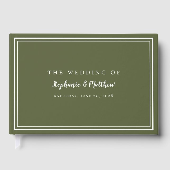 Classic Simple Modern Wedding Olive Green & White Guest Book (Front)