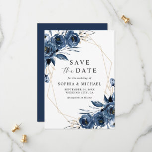 Classic Simple Navy Blue Watercolor Floral Wedding Save The Date