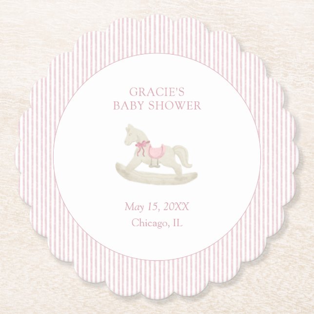 Classic Simple Pink Rocking Horse Girl Baby Shower Paper Coaster (Front)