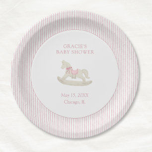 Classic Simple Pink Rocking Horse Girl Baby Shower Paper Plate