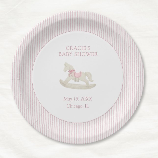 Classic Simple Pink Rocking Horse Girl Baby Shower Paper Plate (Creator Uploaded)