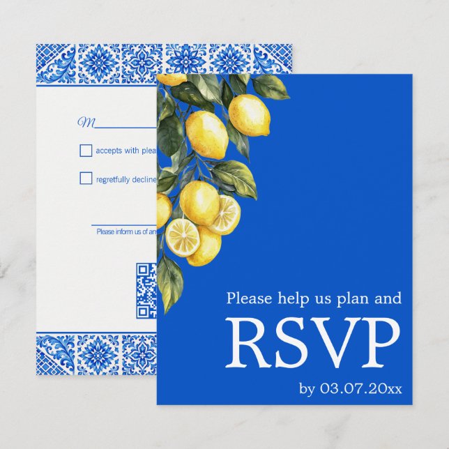 💙🍋Classic simple QR Azul & Limone Romance RSVP Card (Front/Back)