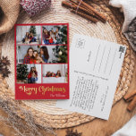 Classic Simple Red Five Photo Merry Christmas Gold Foil Holiday Postcard<br><div class="desc">Celebrate the season with this unique, classic simple red five photo Merry Christmas gold foil holiday postcard featuring a touch of vintage charm. The minimalist design showcases an elegant red and gold colour palette, evoking the cosy spirit of winter. Its modern appeal, paired with the traditional wording, creates a perfect...</div>