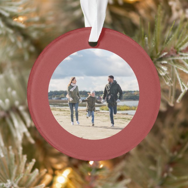 Classic simple red herringbone personalised photo ornament (Tree)